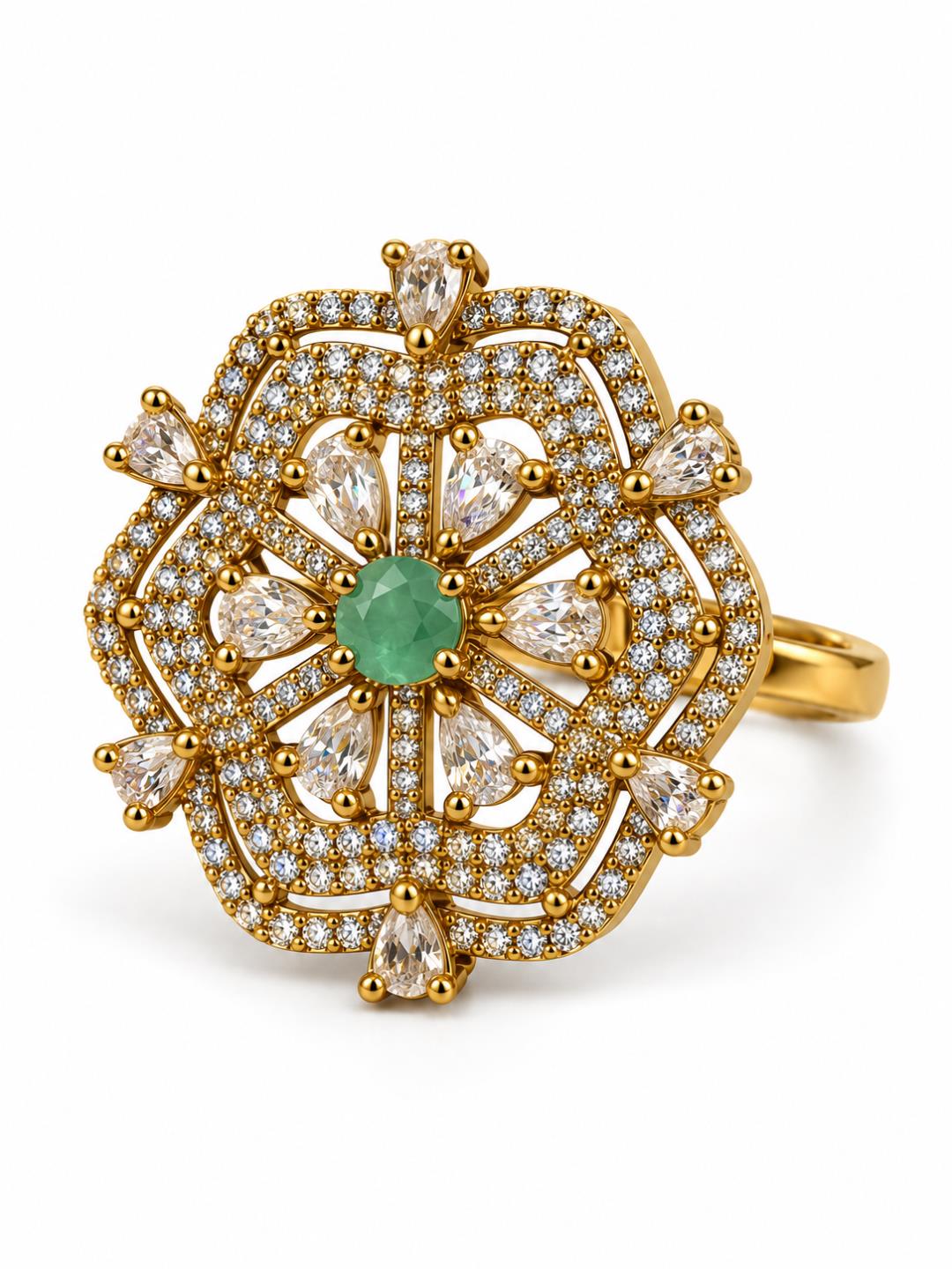 Mint Green Stone Scalloped Floral Halo Ring - Gold Plated, additional view 1