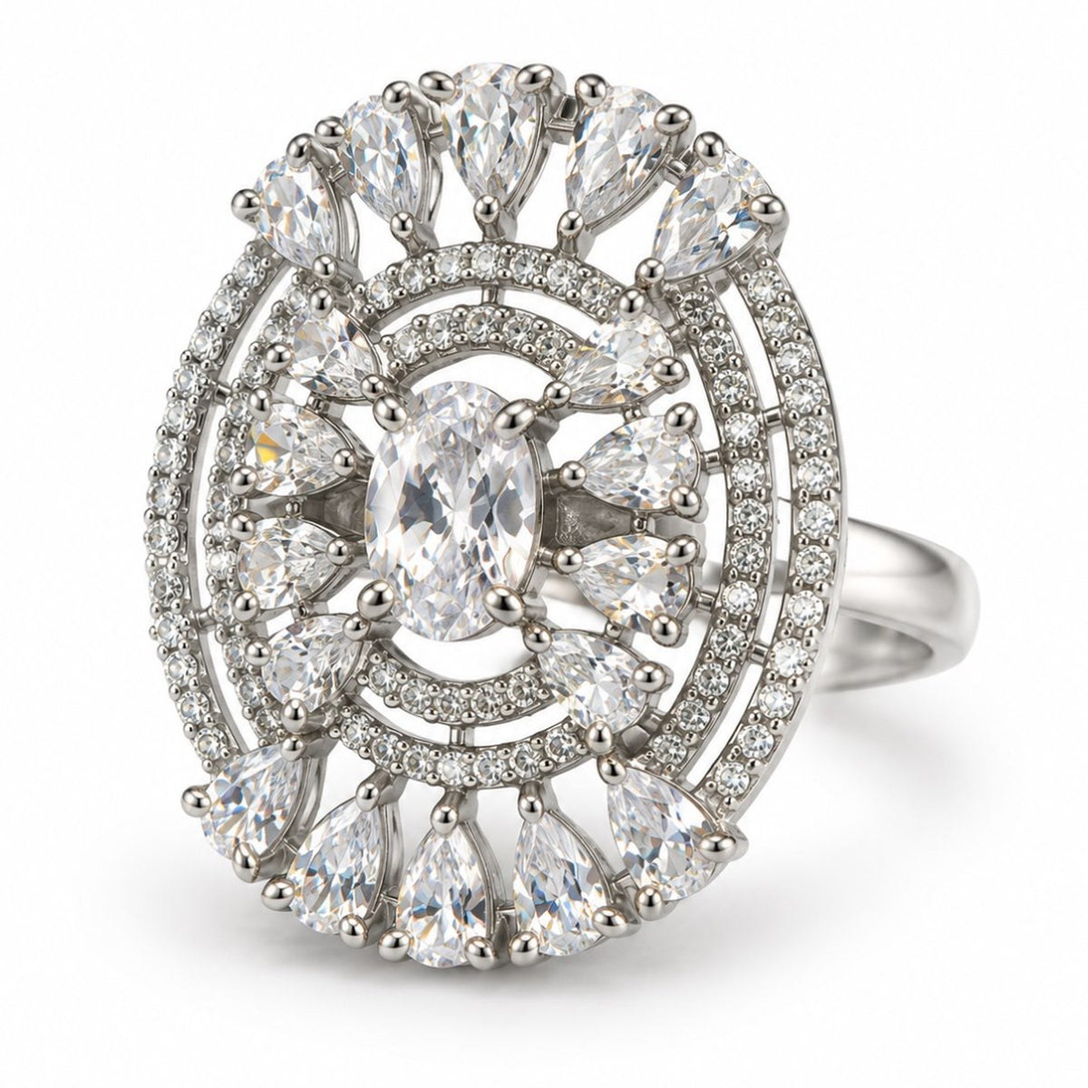 Clear Oval Center Halo Ring - Silver Plated - product view