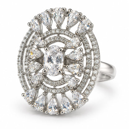 Clear Oval Center Halo Ring - Silver Plated - product view