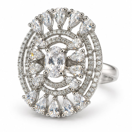 Clear Oval Center Halo Ring - Silver Plated - product view