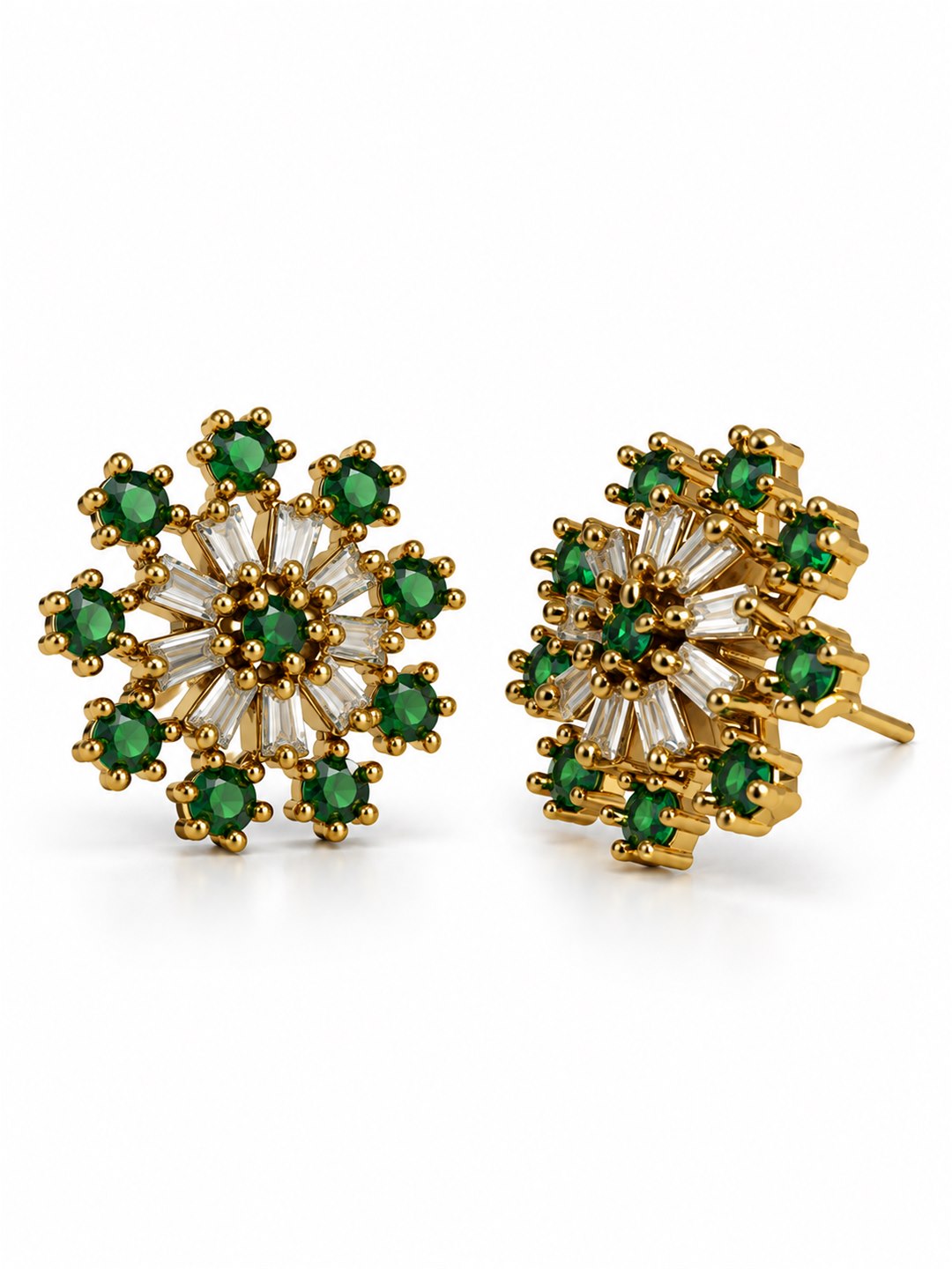 Green Baguette Sunburst Stud Earrings, gold plated, alternate product view