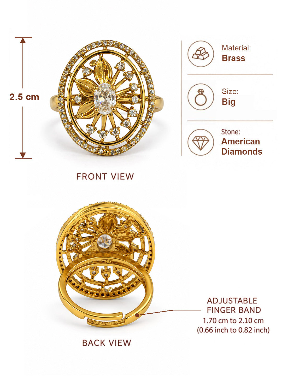 Clear Stone Oval Sunburst Ring - Gold Plated, additional view 6