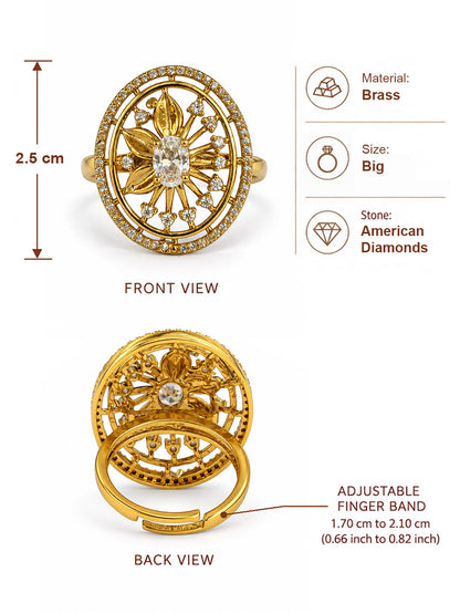 Clear Stone Oval Sunburst Ring - Gold Plated, additional view 6