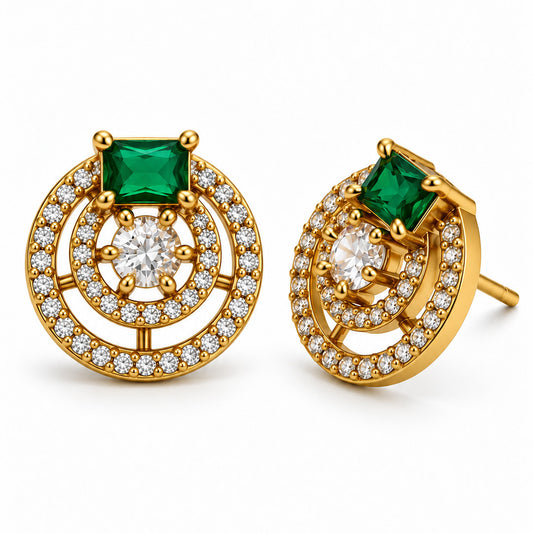 Green Stone Double Halo Stud Earrings, gold plated