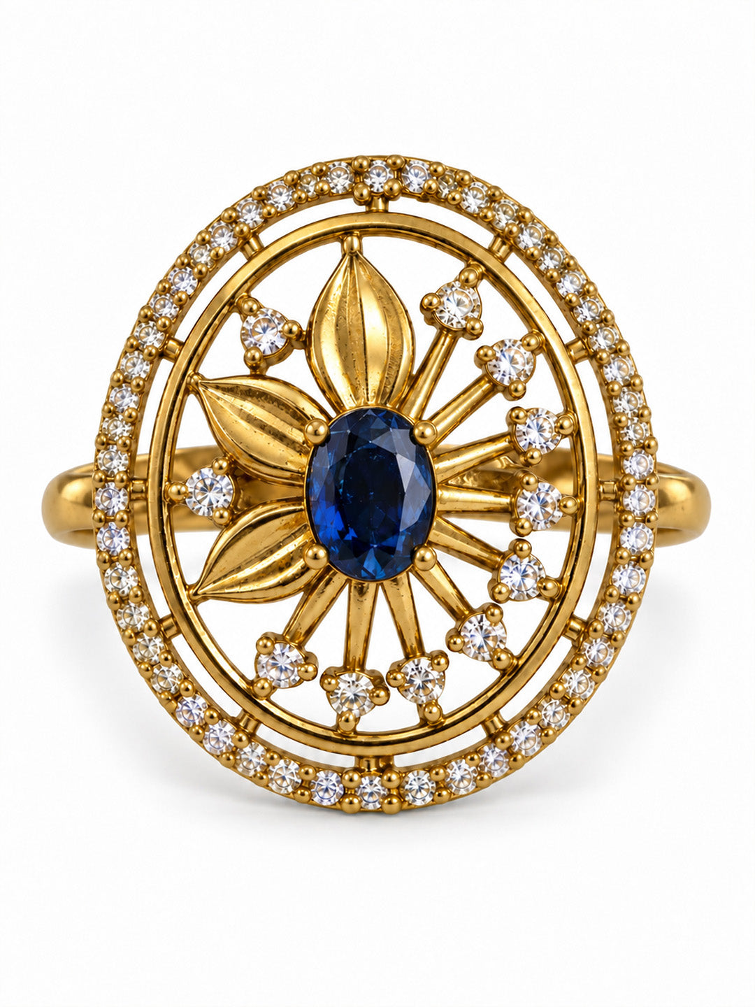 Blue Stone Oval Sunburst Ring - Gold Plated, additional view 4