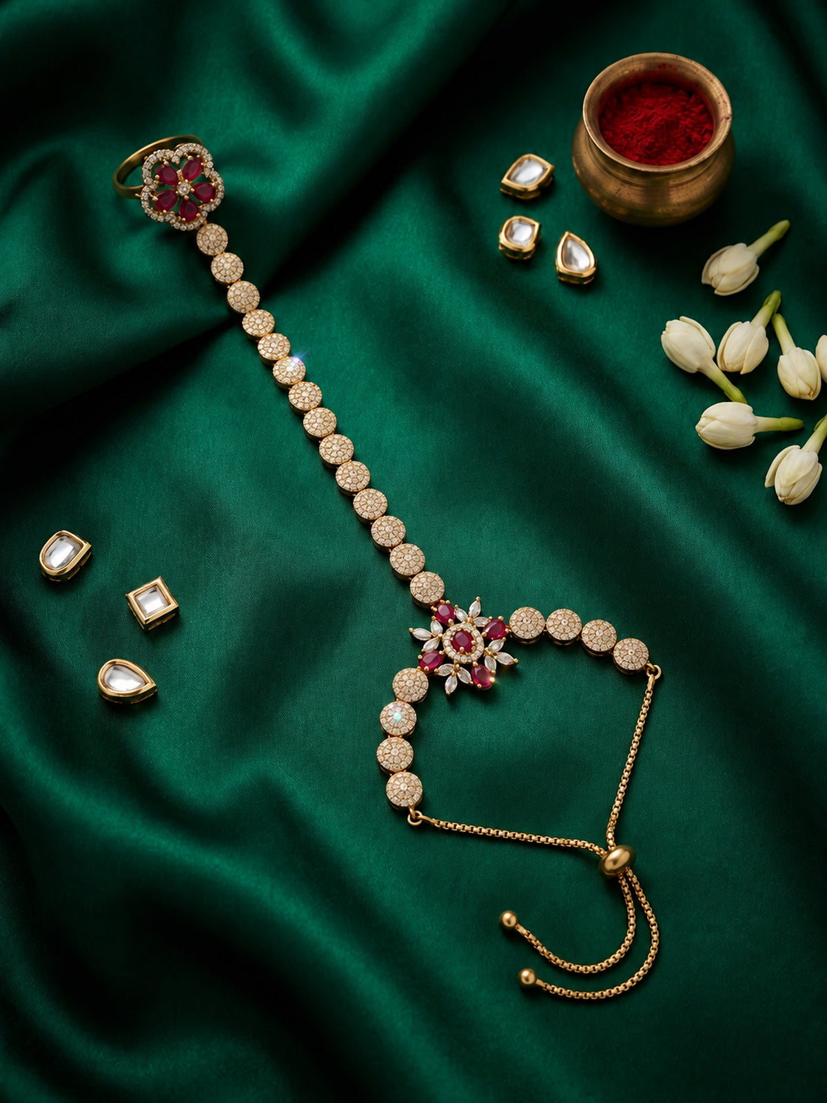 Red Floral Round-Stone Chain Hathphool - Mehndi Plated