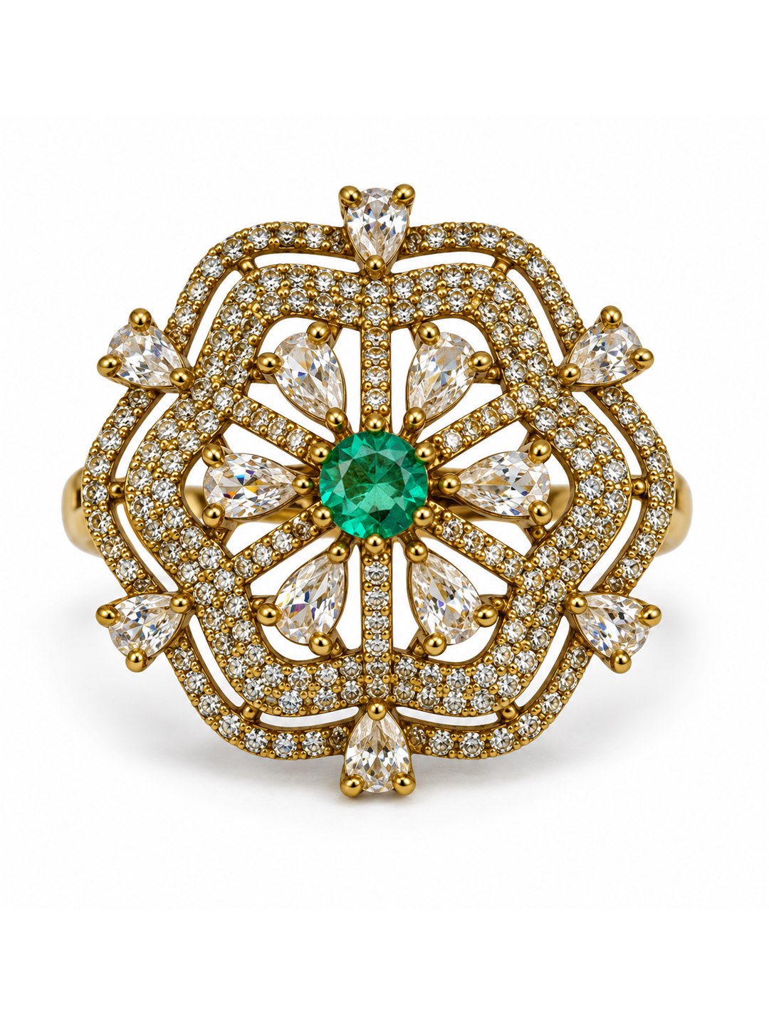 Sea Green Stone Scalloped Floral Halo Ring - Gold Plated, additional view 5