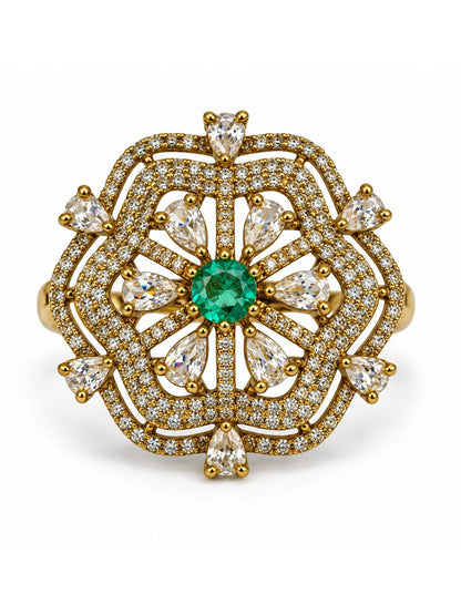 Sea Green Stone Scalloped Floral Halo Ring - Gold Plated, additional view 5