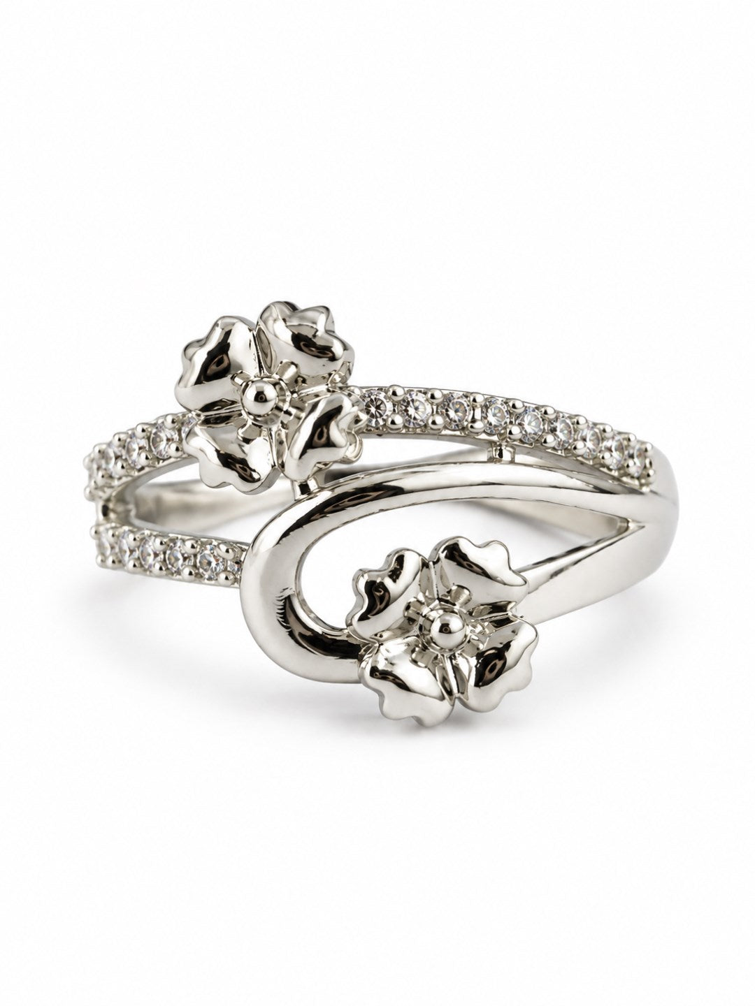 Clear Twin Flower Bypass Ring - Silver Plated
