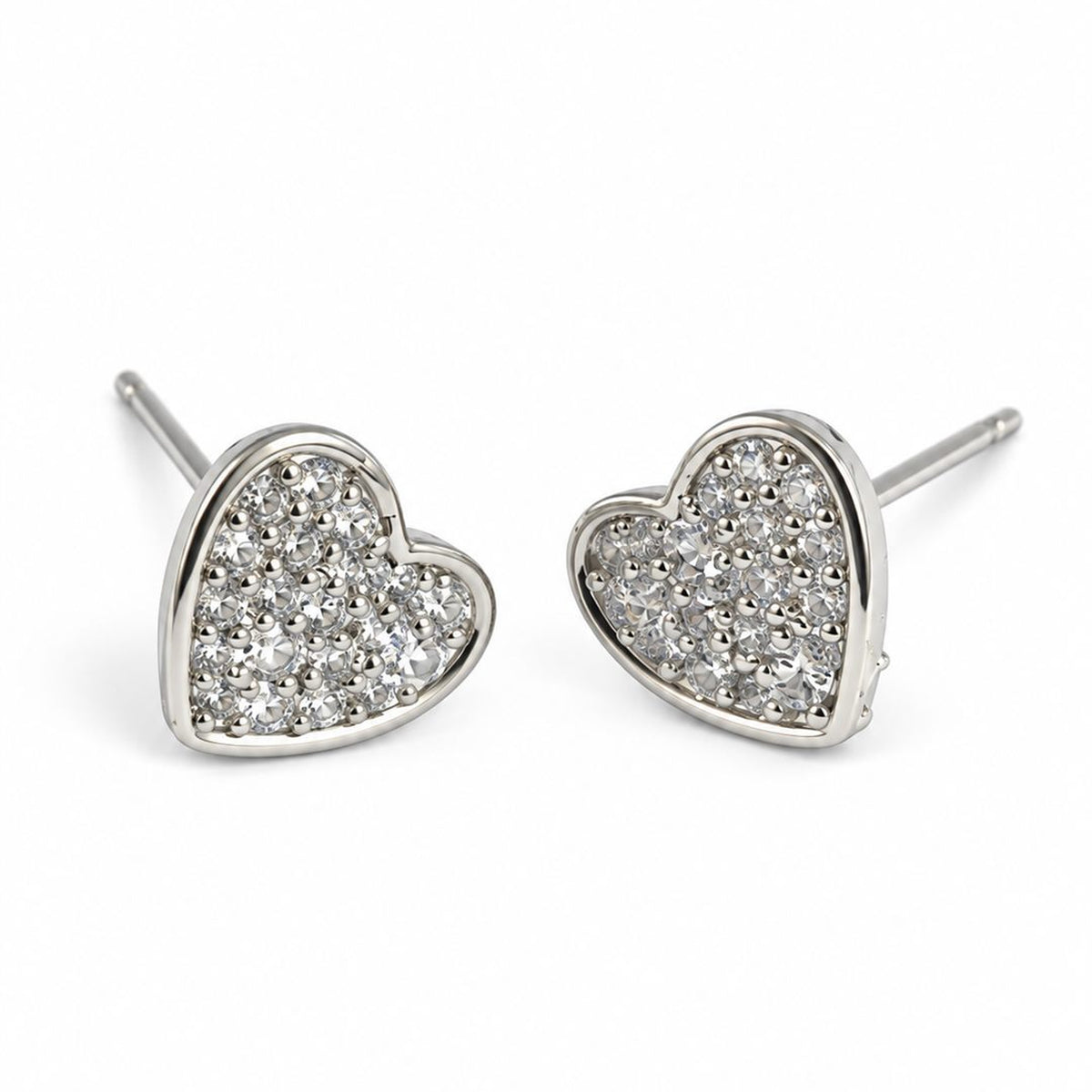 Clear Pave Heart Stud Earrings, silver plated