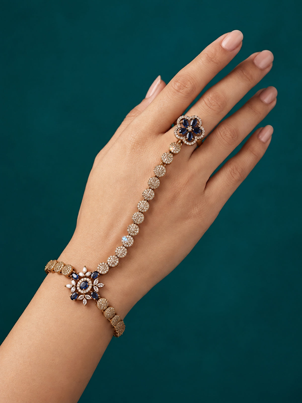 Blue Floral Round-Stone Chain Hathphool - Mehndi Plated worn on hand