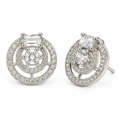 Clear Stone Double Halo Stud Earrings, silver plated