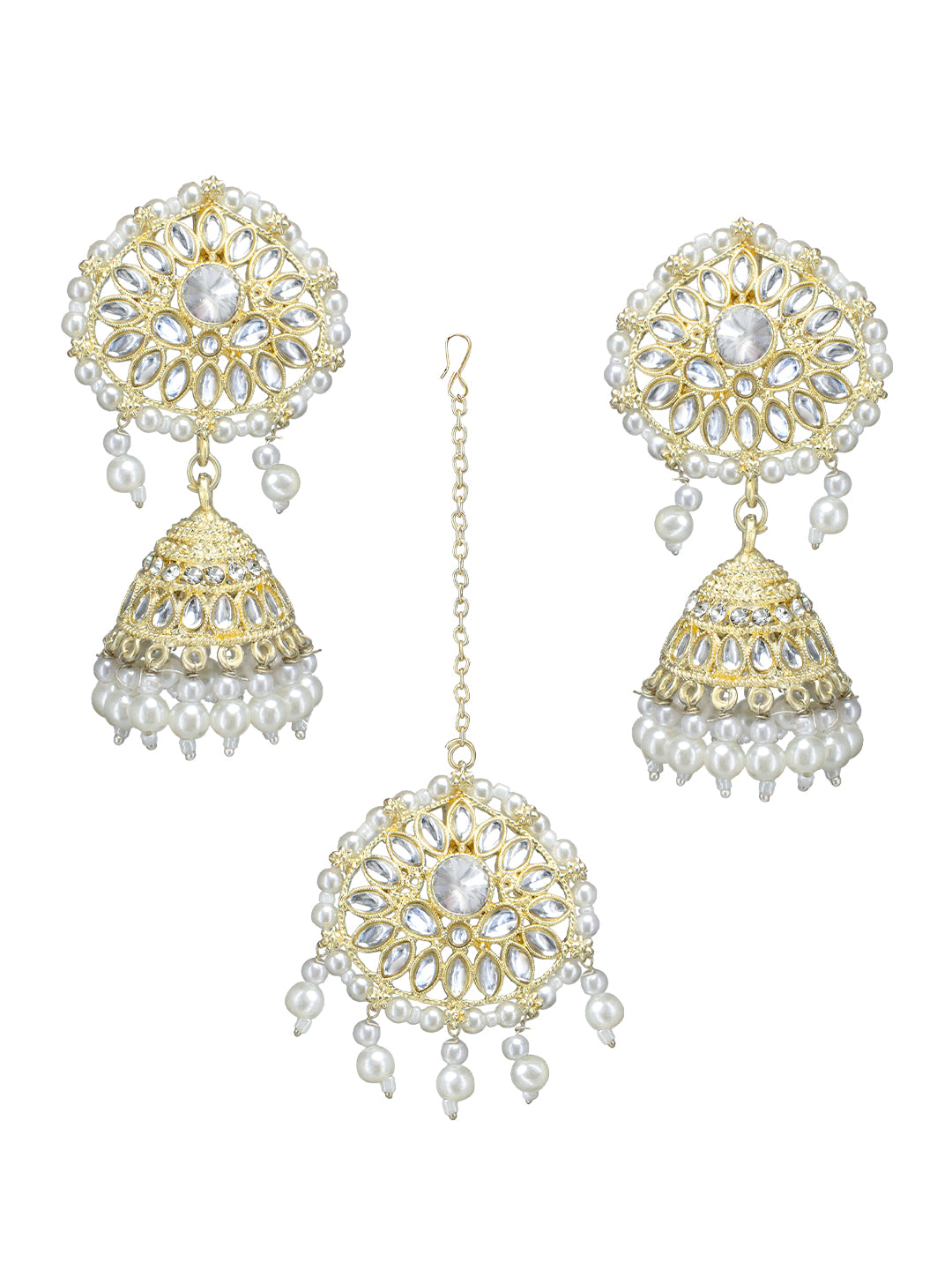 Gold- Plated Kundan Stone Studded Beaded Jhumka Earrings With Maangtika
