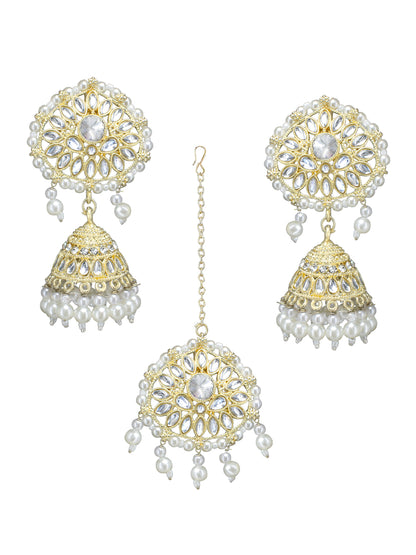 Gold- Plated Kundan Stone Studded Beaded Jhumka Earrings With Maangtika