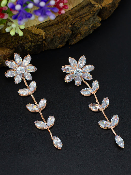Rose Gold Plated CZ Studded Floral Drop Earrings