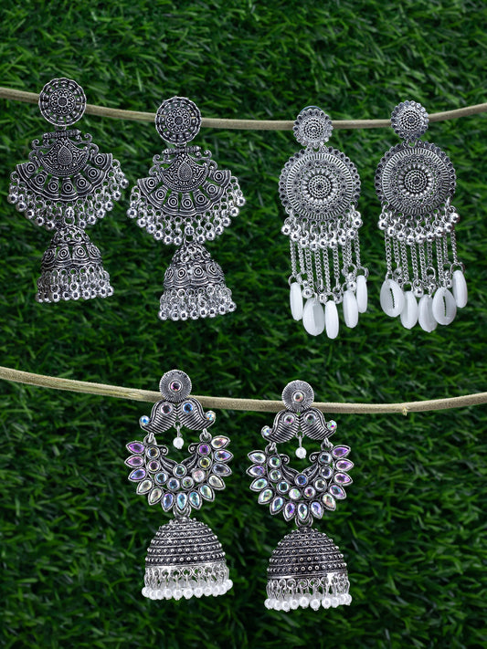 Pack of 3 Silver Oxidised Chandbali Jhumka Earrings
