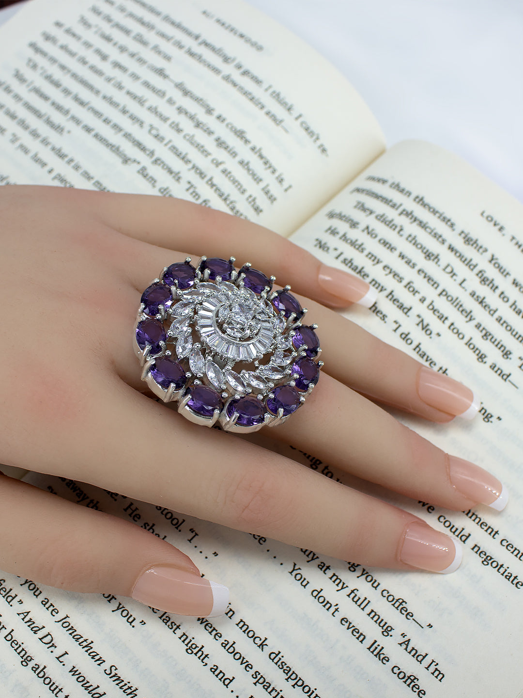 Purple AD Floral Adjustable Finger Ring