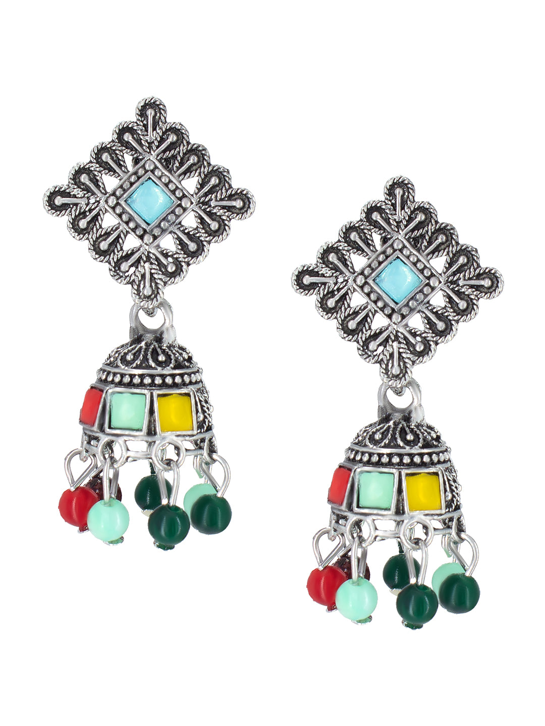 Oxidized Square Multicolor Beads Drop Jhumka Earrings