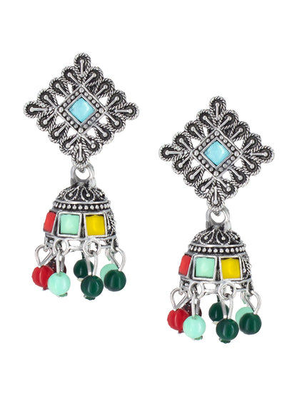 Oxidized Square Multicolor Beads Drop Jhumka Earrings