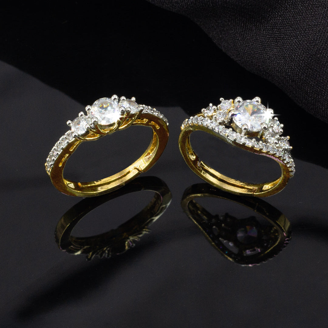 Set Of Two Gold Plated American Diamond Adjustable Finger Rings