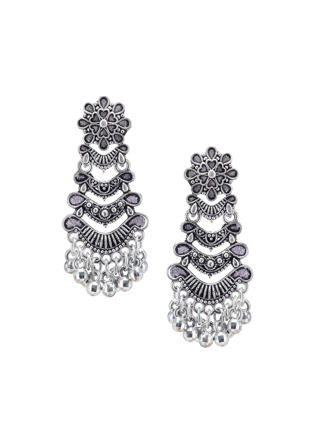 Silver Oxidized Floral Drop Earrings