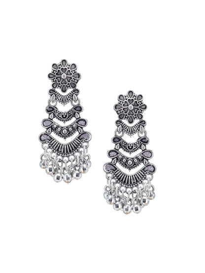 Silver Oxidized Floral Drop Earrings
