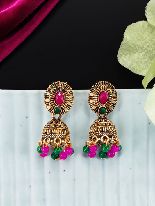Antique Gold-Plated Oval Artificial Stone & Beaded Jhumki Earrings