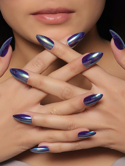 Set of 24 Blue and White Metallic Duochrome stick on nails