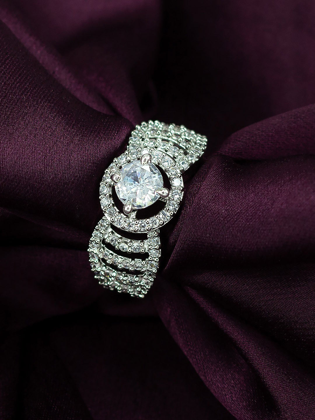 Rhodium Plated American Diamond Adjustable Solitaire Finger Ring