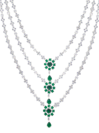 Trendy Green Three Layered AD Bridal Jewellery Set With Maangtika