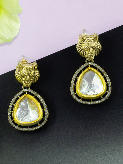 Gold Plated Kundan Studded Lion Shaped Drop Earrings