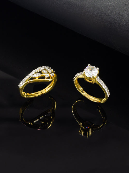 Set Of Two Gold Plated Solitaire American Diamond Adjustable Finger Rings