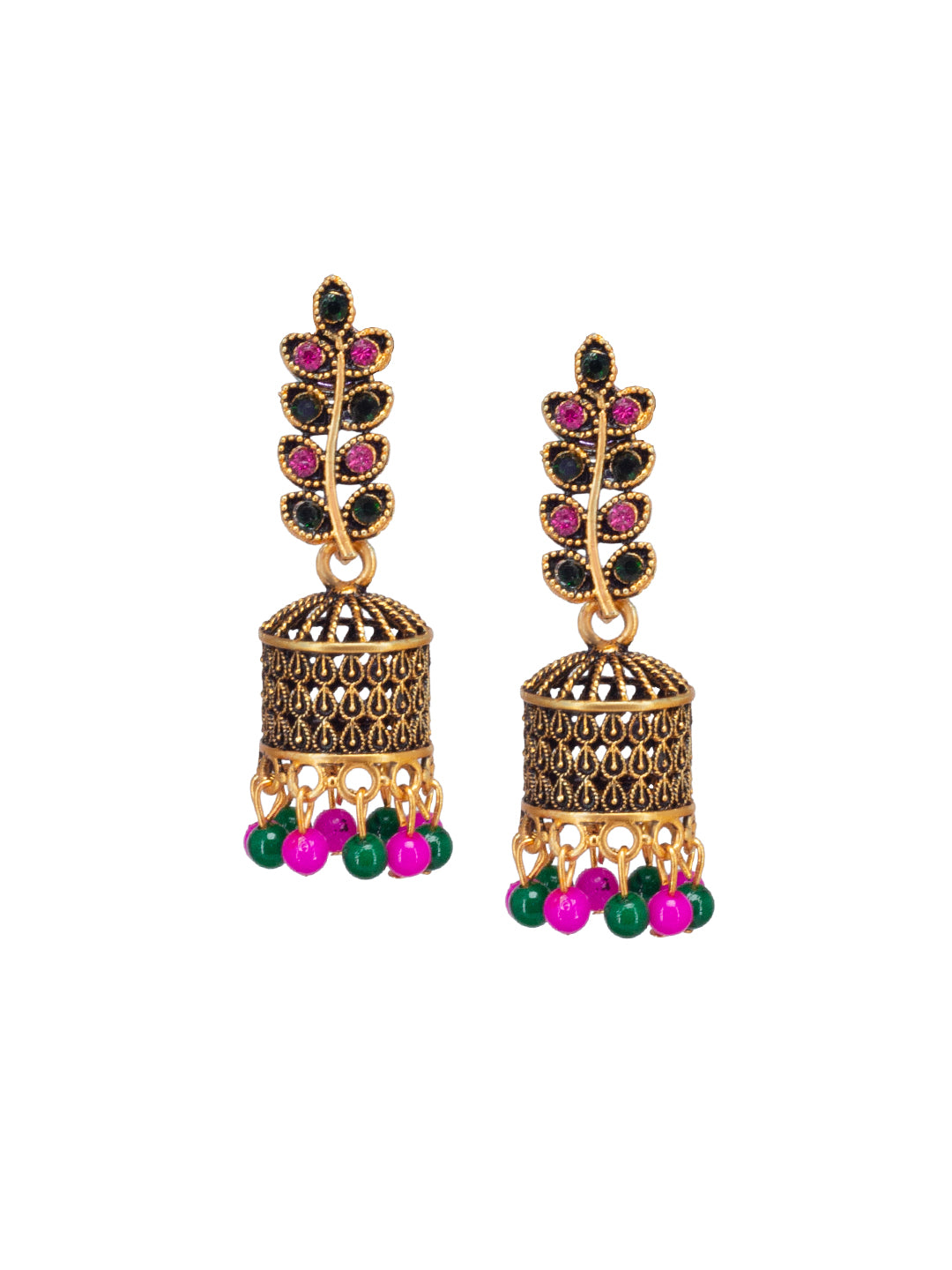 Antique Gold-Plated Leaf Artificial Stone & Beaded Jhumki Earrings