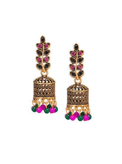 Antique Gold-Plated Leaf Artificial Stone & Beaded Jhumki Earrings