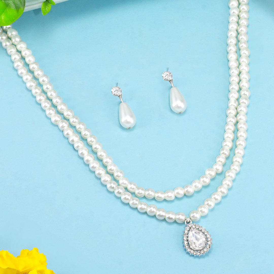 Silver Plated Double Layered Stone & Pearl Beaded Moti Mala Necklace & Earrings