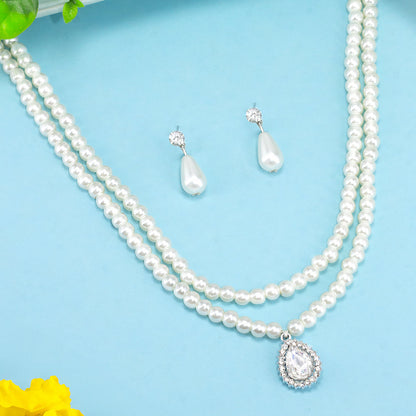 Silver Plated Double Layered Stone & Pearl Beaded Moti Mala Necklace & Earrings