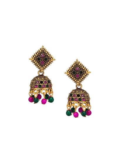 Antique Gold Plated Square Artificial Stone & Beaded Jhumki Earrings