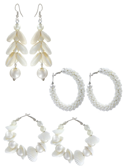 Pack of 3 Faux Pearl & Shells Hoop & Drop Earrings