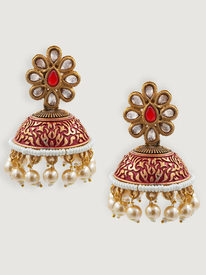 Red Floral Beads Drop Jhumka Earrings