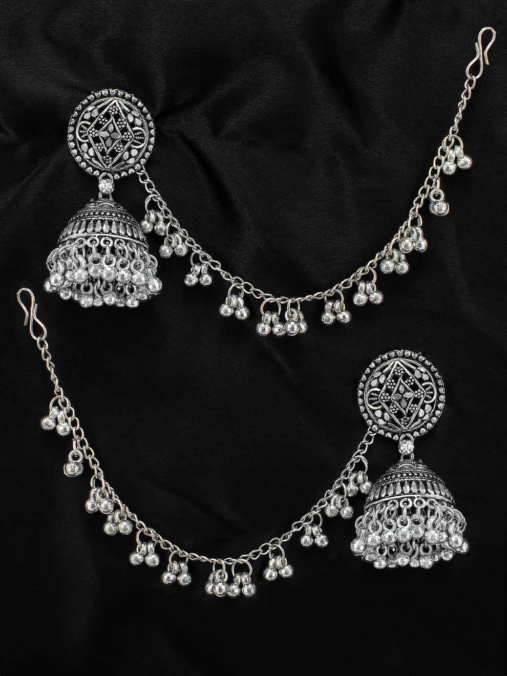 Oxidised Silver-Plated Antique Black & White Pearl Beaded Dome-Shaped Big Jhumkas main image 1