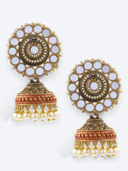 Floral Mirror & Beads Red Meenakari Jhumka Earrings