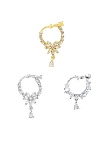 Set of Three Rhodium & Gold Plated American Diamond Non Piercing Nosepin