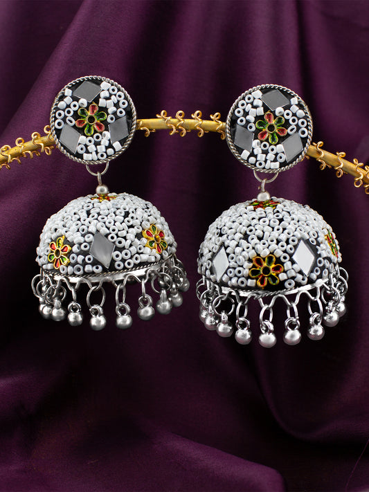 White Beads Drop Jhumka Earrings