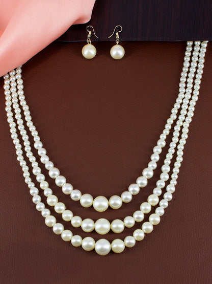 Silver Plated Three Layered Pearl Beaded Trendy Necklace & Earrings Set