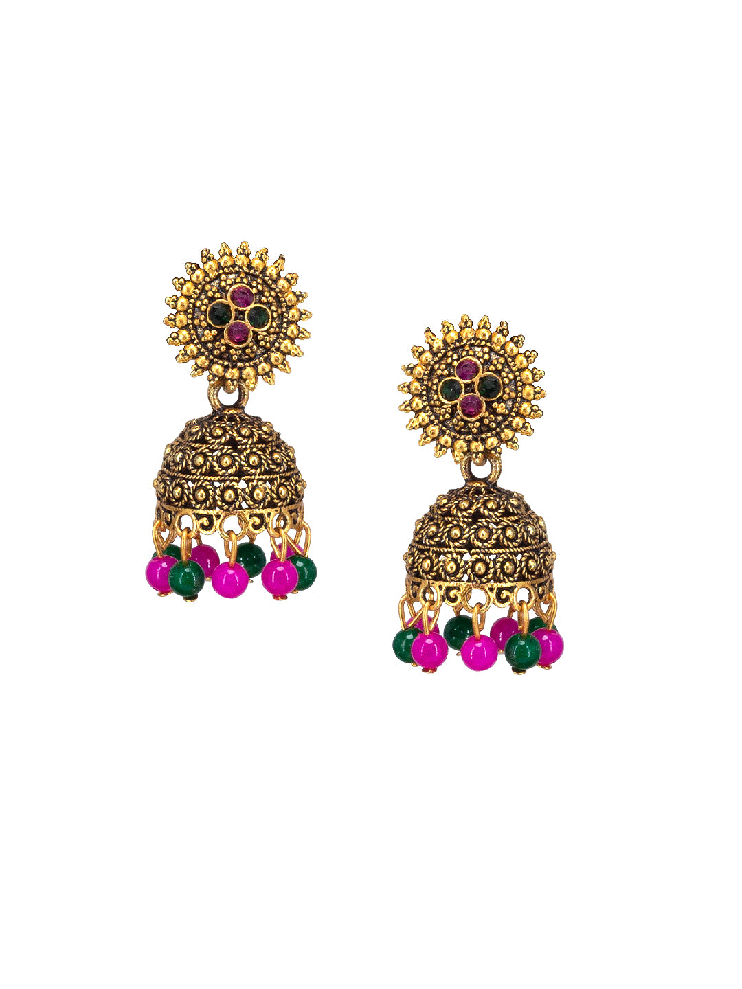 Antique Gold-Plated Floral Artificial Stone & Beaded Jhumki Earrings