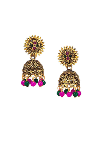 Antique Gold-Plated Floral Artificial Stone & Beaded Jhumki Earrings