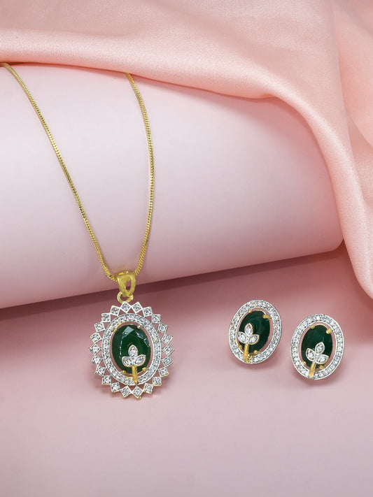 Gold-Plated Green Oval AD-Studded Pendant Set