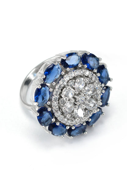 Rhodium-Plated Blue American Diamond Floral Adjustable Cocktail Finger Ring