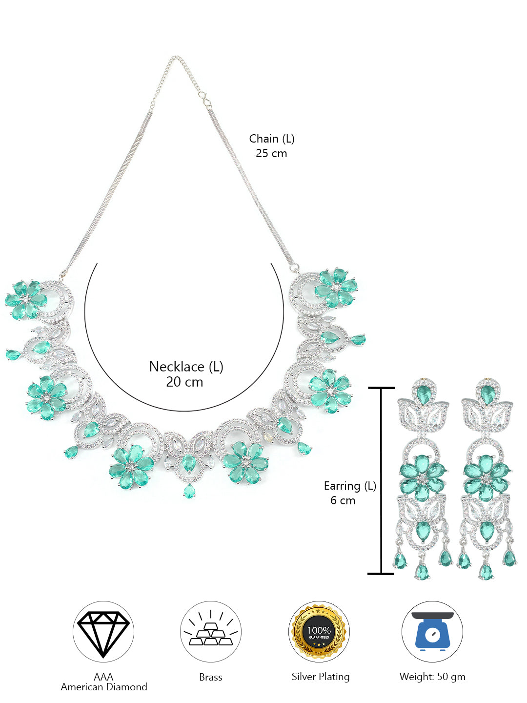 Mint Green AD Studded Floral Jewellery Set