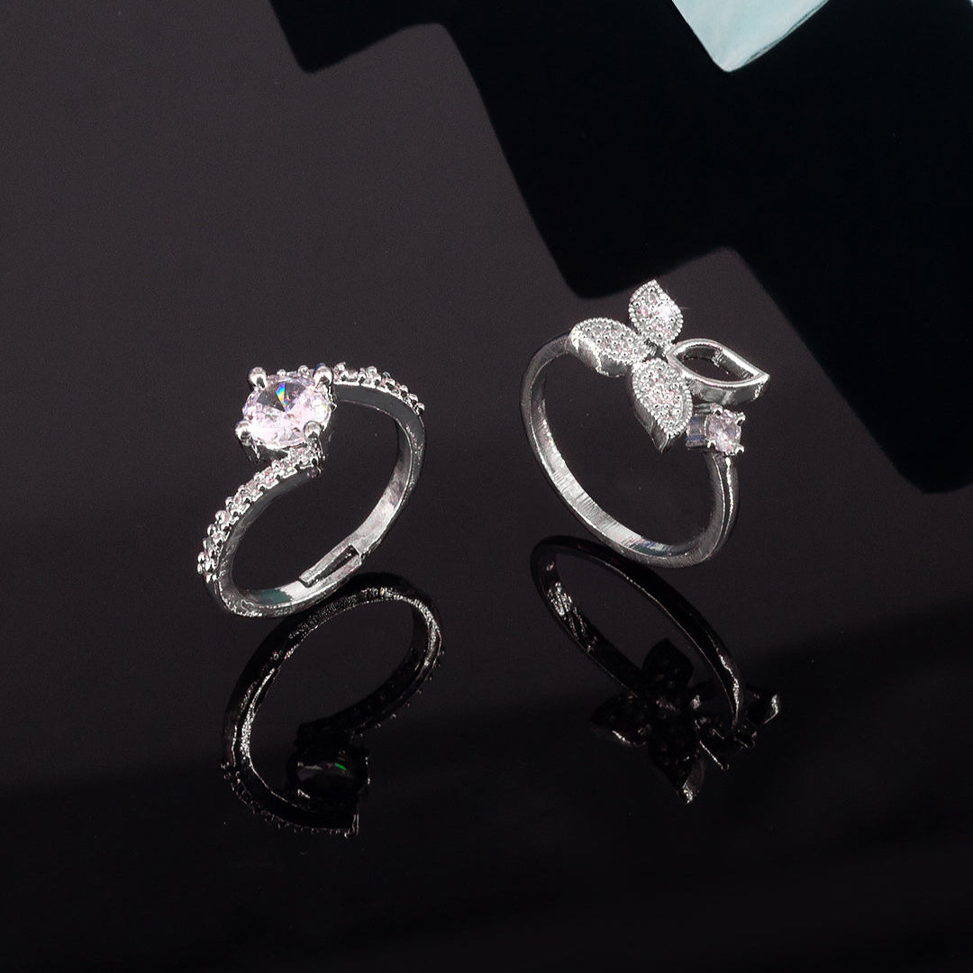 Set Of Two Rhodium Plated Solitaire American Diamond Trendy Adjustable Finger Rings